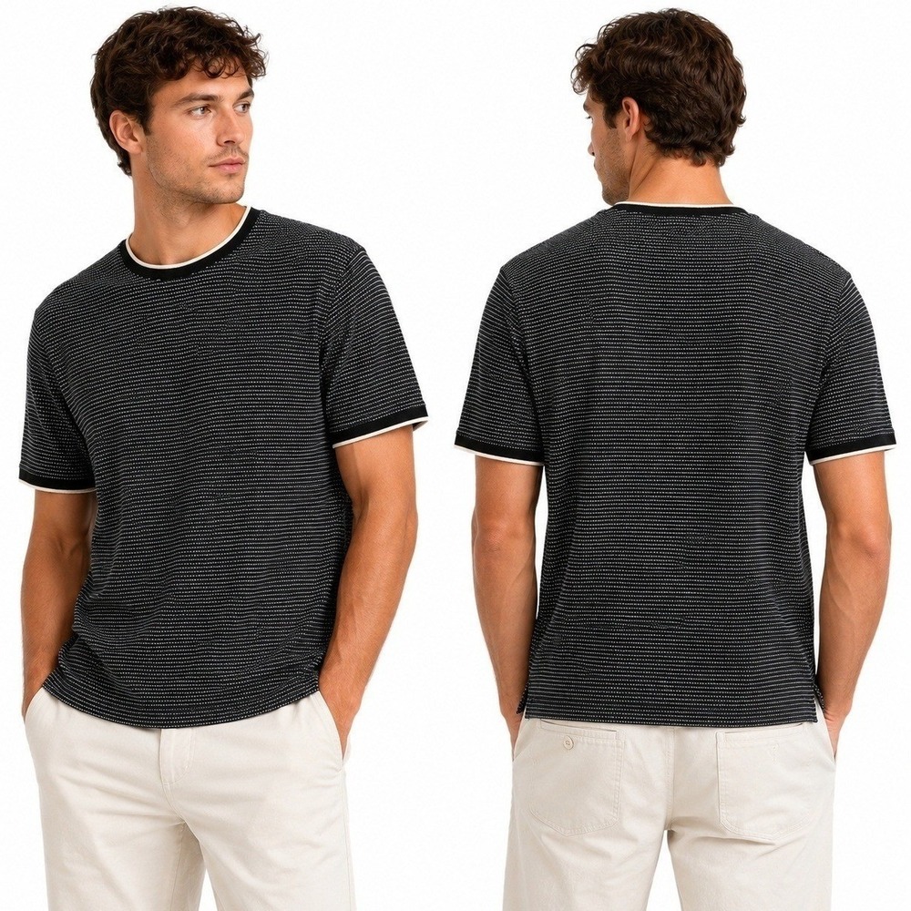 Express Shirt Mens Large Relaxed Short Sleeve Knit Stripe Ringer Black White